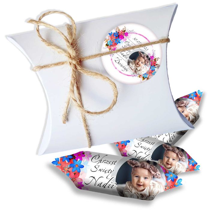 KRÓWKI bombonierka ze zdjęciem chrzest roczek 10 kpl