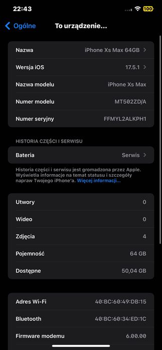 iPhone XS Max 64GB 78% kondycja baterii