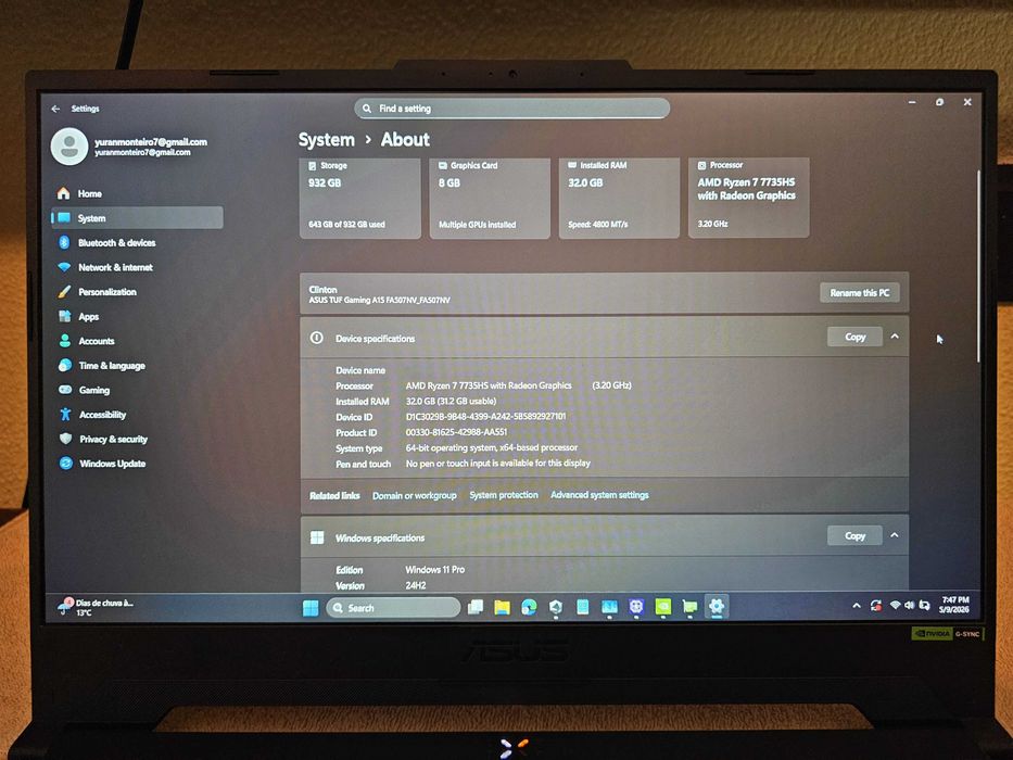 ASUS TUF Gaming A15 | RTX 4060 | Ryzen 7 | 32GB RAM | 1TB SSD | Como novo