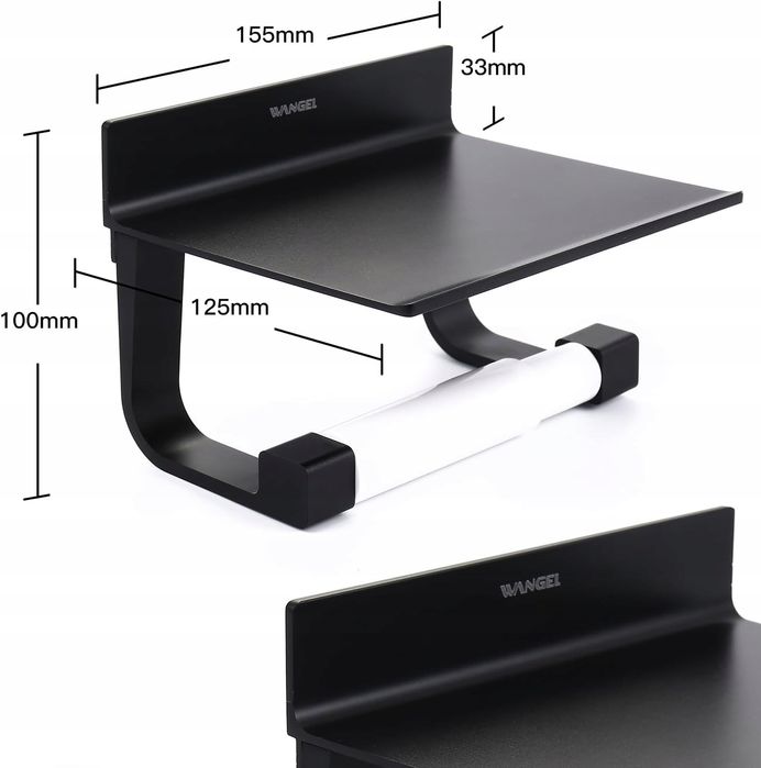 Uchwyt na papier toaletowy z półką czarny ALUMINIOWY WANGEL