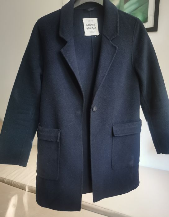 ZARA granatowy płaszcz z wełny oversize