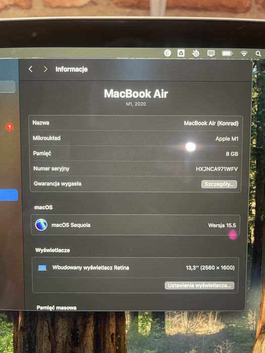 Mcbook air 1 8gb ramu 256 pamieci 2020