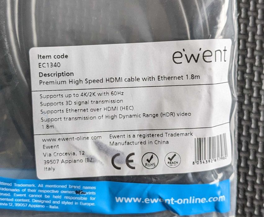 Cabo HDMI Premium Alta Velocidade NOVO 1,8 m EWENT