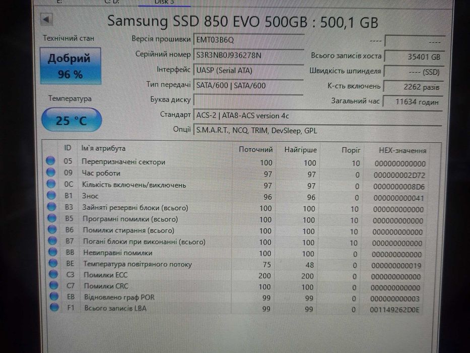 500Gb SSD  Samsung 850 EVO 2.5" SATA3 94%