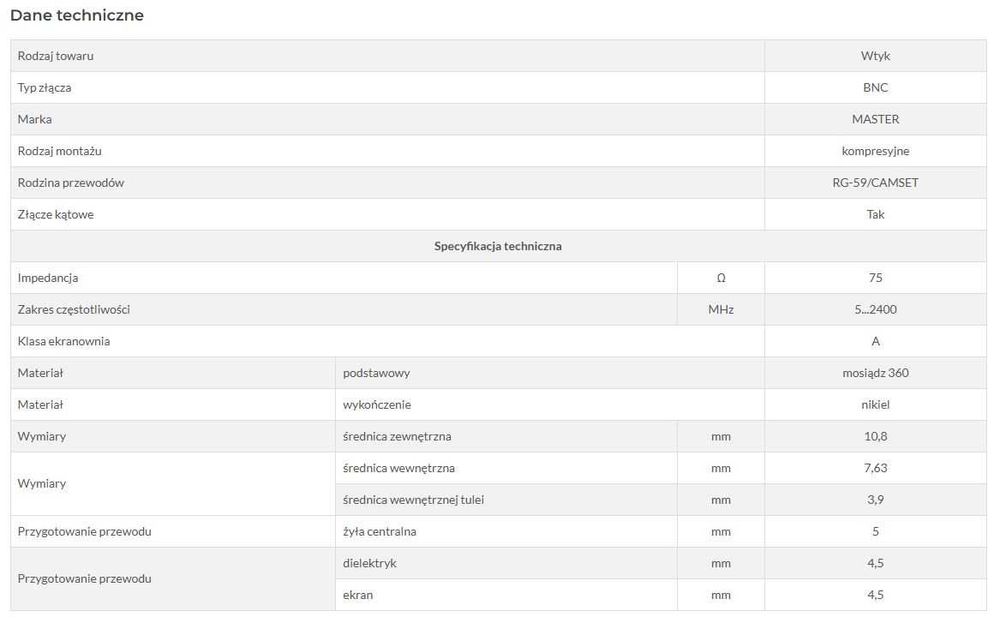 Złącze kompresyjne kątowe BNC 59 MASTER na RG-59 (CAMSET) Kod.: E8278