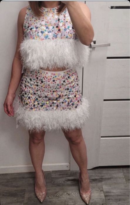 Cekinowa sukienka zestaw set komplet spódnica Top pióra 40 L asos luxe
