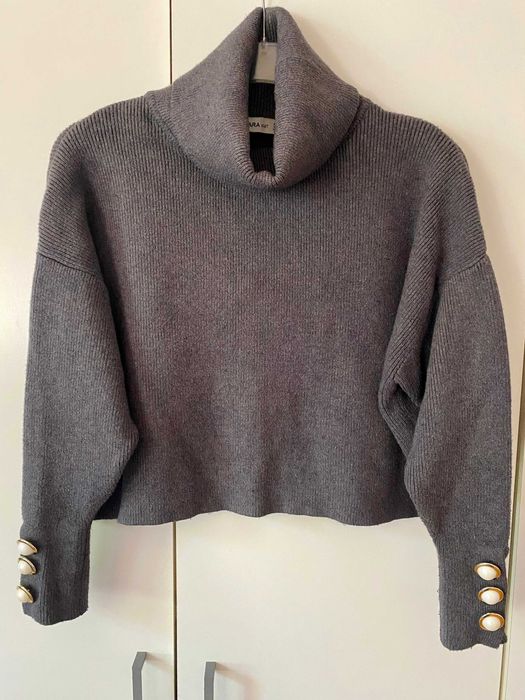 Sweter Zara s 36 grafitowy szary perełki przy rękawach