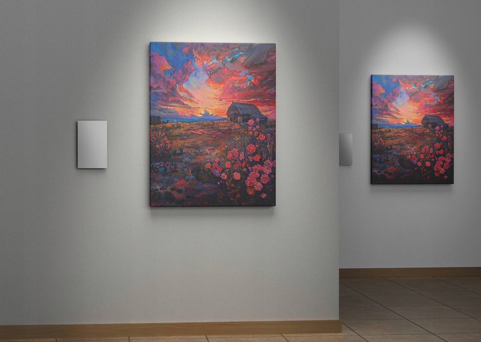 Obraz na płótnie "Zachód Słońca nad Kwiatami" 45x60 cm