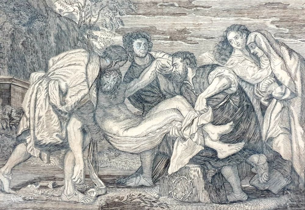 Maravilhosa antiga imagem bordada de cabelo "A sepultura de Cristo"
