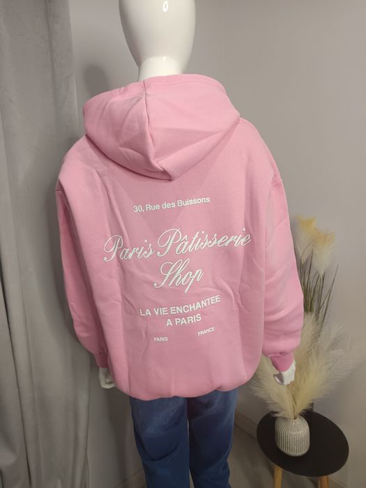 Bluza damska oversize z kapturem kieszeń kangurka pudrowy róż
