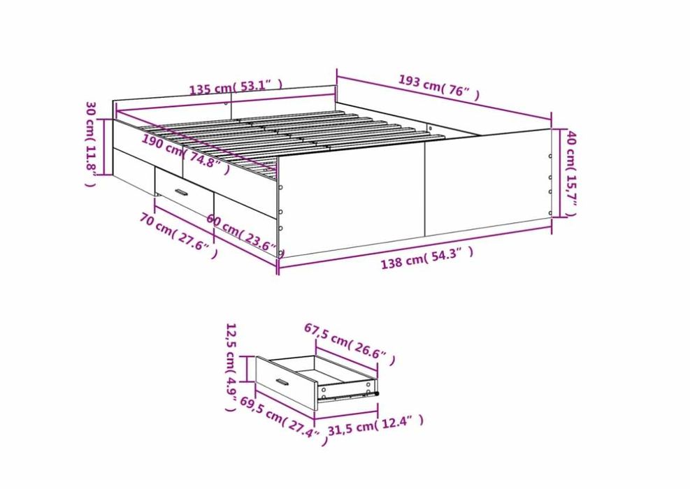 Bed Frame, Vidaxl Bed Frames Gray Processed Wood (135 x 190 cm)