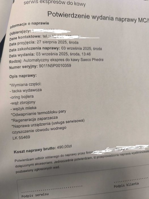 Ekspres do kawy - Saeco Phedra - zrobiony przegląd