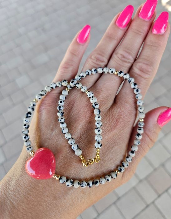 Naszyjnik Choker Kamienie Naturalne Jaspis Dalmatyński Serce Jadeit