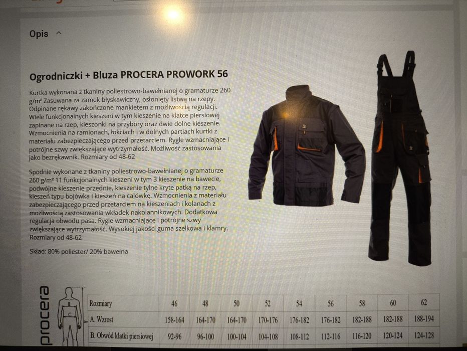 Strój komplet na warsztaty BHP PROCERA PROWORK 56