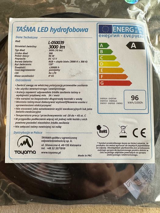 Taśma LED hydrofobowa DC 12V cieple biale 3000K IP65 15metrow.