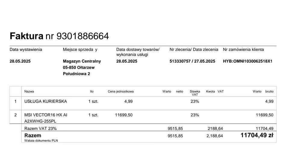 Laptop MSI Vector 16 HX - AI 5070 Ti, Ultra 9, 32GB, 2TB ZAREZERWOWANY