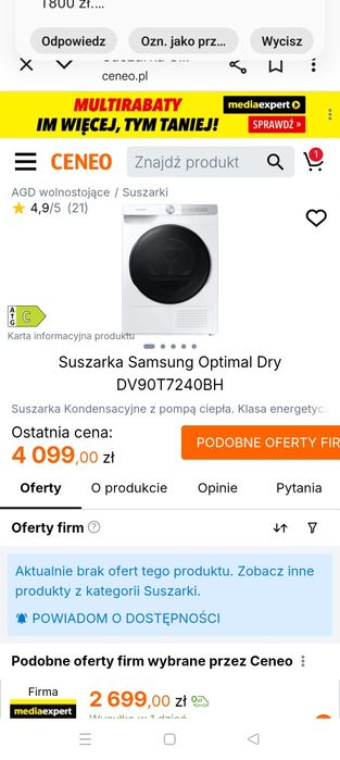 Moja prywatna roczna suszarka Samsung z pompą ciepła. 9 kg. Dzis1499zł