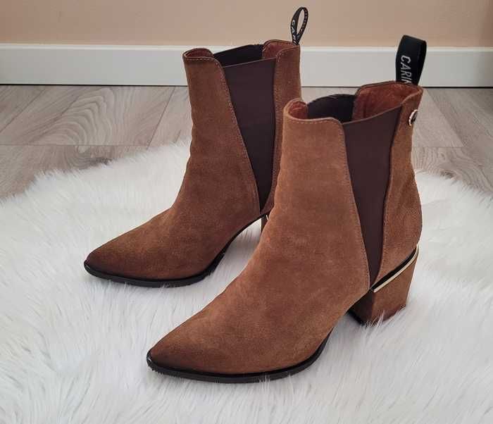 Brązowe, skórzane - zamszowe buty botki na obcasie klocku, Carinii, 37