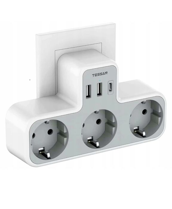Przedłużacz ścienny TESSAN TS-323-C, 3600W MAX, 3 gniazdka, 1 USB, 2 U