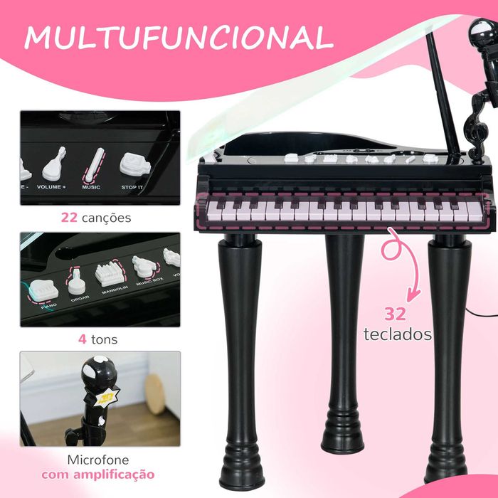 Piano Eletrónico para Crianças, Preto