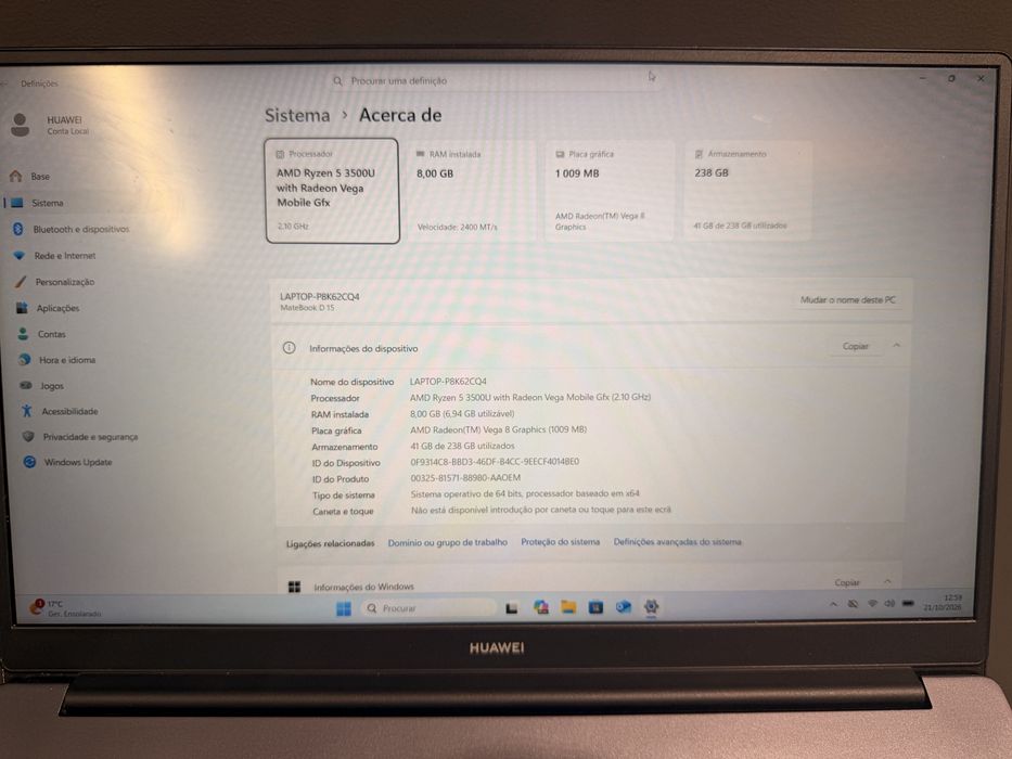 Portátil Huawei MateBook D 15 / AMD Ryzen 5 / 8GB RAM / 256GB SSD