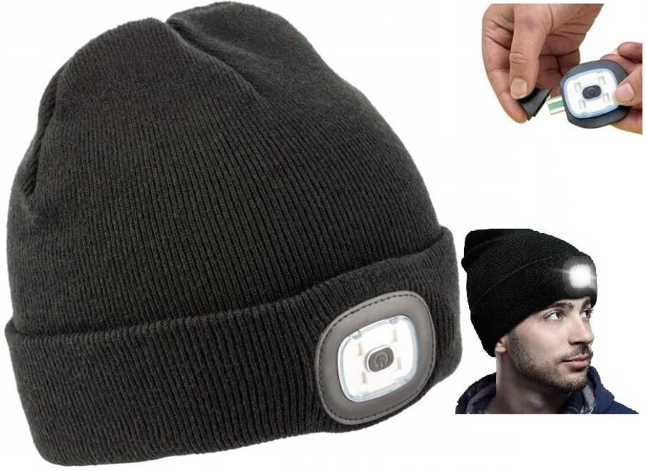 Czapka Zimowa z latarką LED Ładowana USB Ciepła Akrylowa Czarna męska