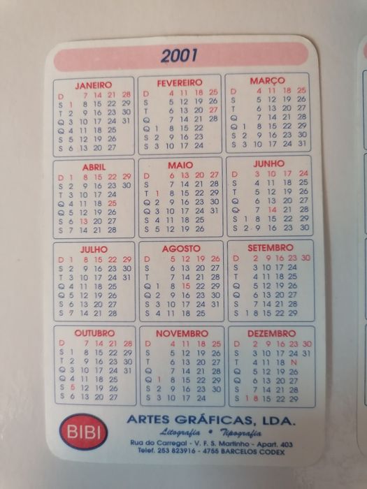 Conjunto de 14 calendários de 2001 dos Bombeiros Voluntários Barcelos