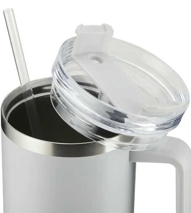 Kubek do picia z ergonomicznym uchwytem, ze słomką, duży, 1,2l, szary