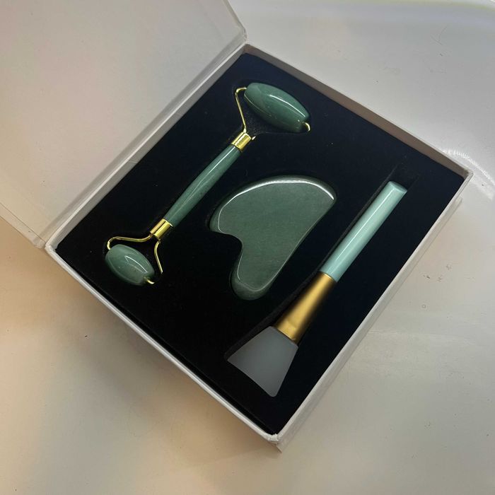 Roller jadeitowy gua sha zestaw + pędzel masaż twarzy lifting spa nowy