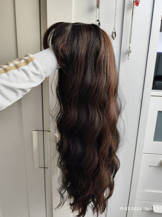 Peruka długa gęsta premium WIG brąz refleksy pasemka z grzywką grzywka