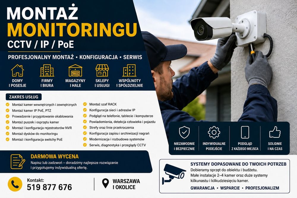 Montaż monitoringu kamer CCTV IP PoE | Dom Firma | Warszawa i okolice