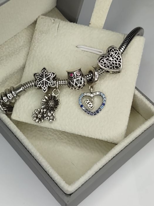 Bransoletka baza charms + 5 charmsów srebro 925