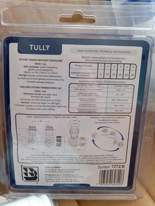 Zawór termostatyczny kątowy zespolony tully 4 sztuk
