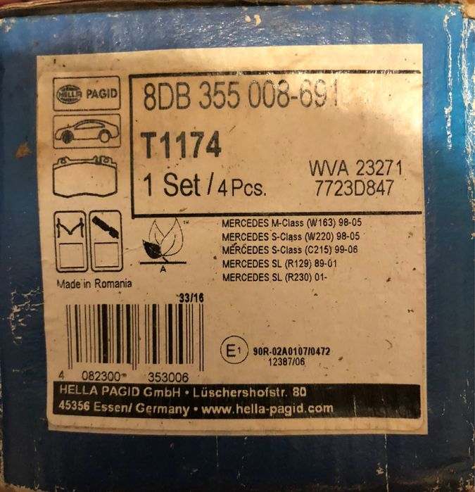 Гальмівні колодки HELLA Pagid 8DB 355 008-691 тормозні mercedes s ml