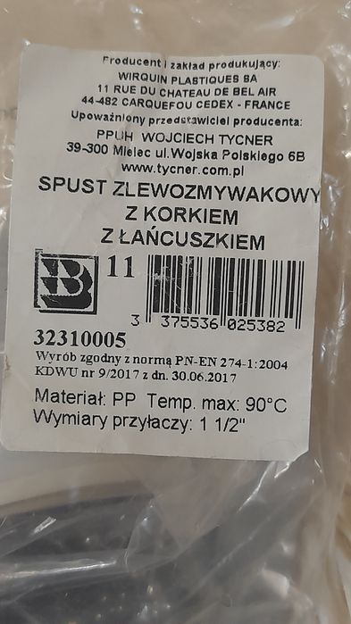 Spust zlewozmywakowy nierozpakowany