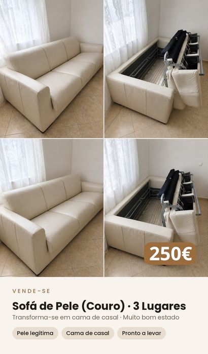 Sofá de pele (couro) 3 lugares — vira cama de casal