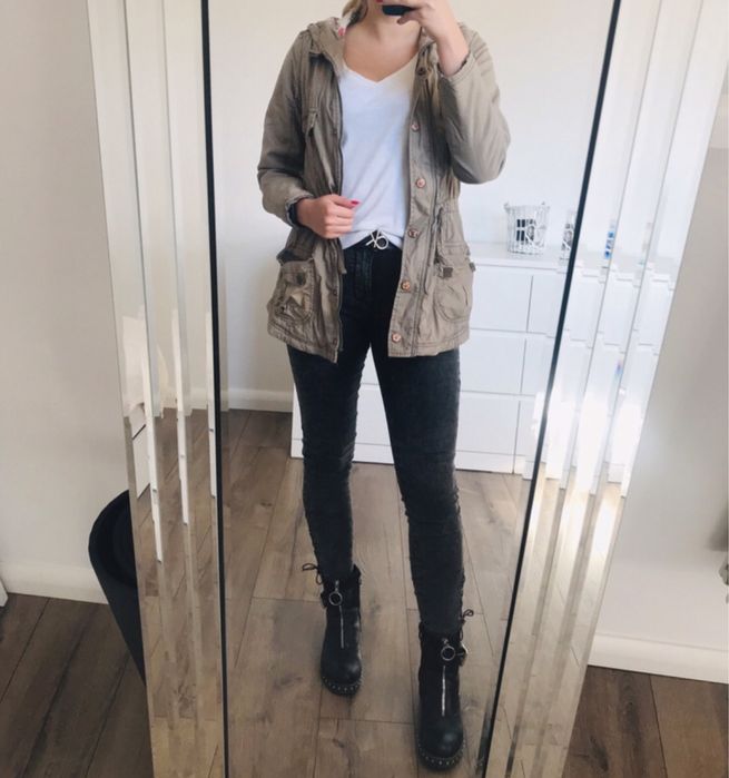 Przejściowa parka z kapturem khaki kurtka George 34 (XS) bawełna 100%