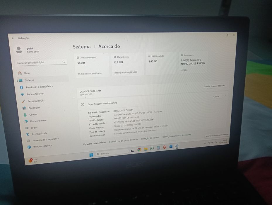 Computador Acer tátil