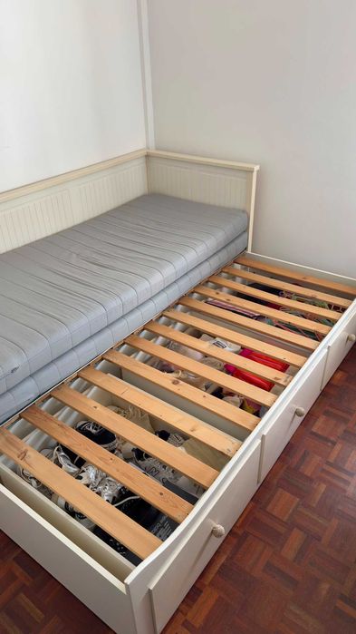 Cama HEMNES indiv/dupla c/3 gav/2 colchões, branco/Ågotnes firme, 80x200 cm