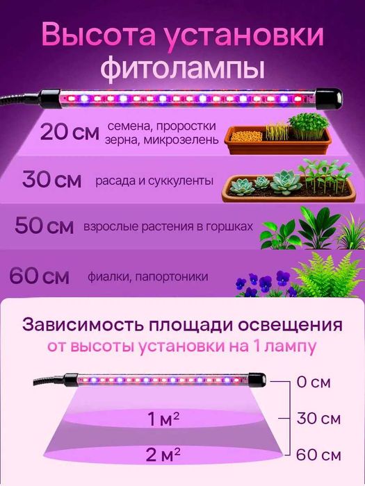 Светодиодная фитолампа для цветов и растений на 2 ветки