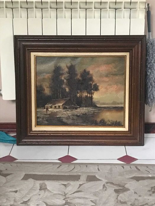 Oryginalny Obraz Olejny Dom nad Jeziorem