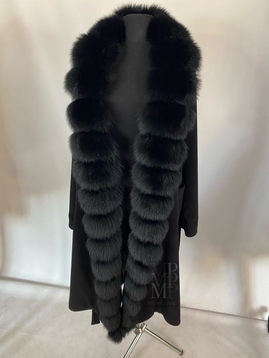 Жіноче чорне кашемірове пальто з натуральним хутром песця, 42-54 рр