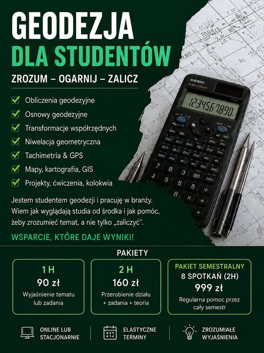 Geodezja dla studentów - projekty, osnowy, obliczenia, Excel