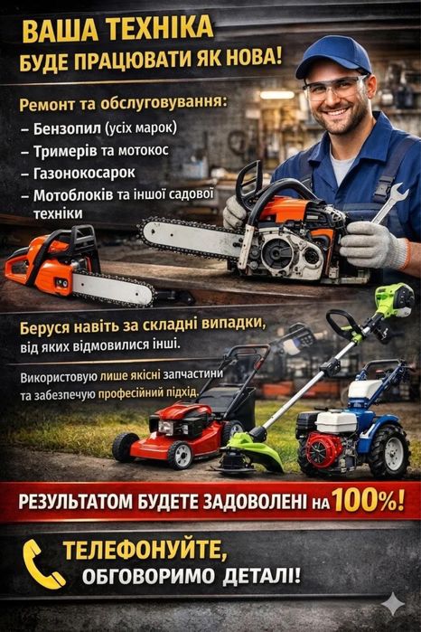 Терміновий ремонт/обслуговування бензо/електро інструменту, обладнання