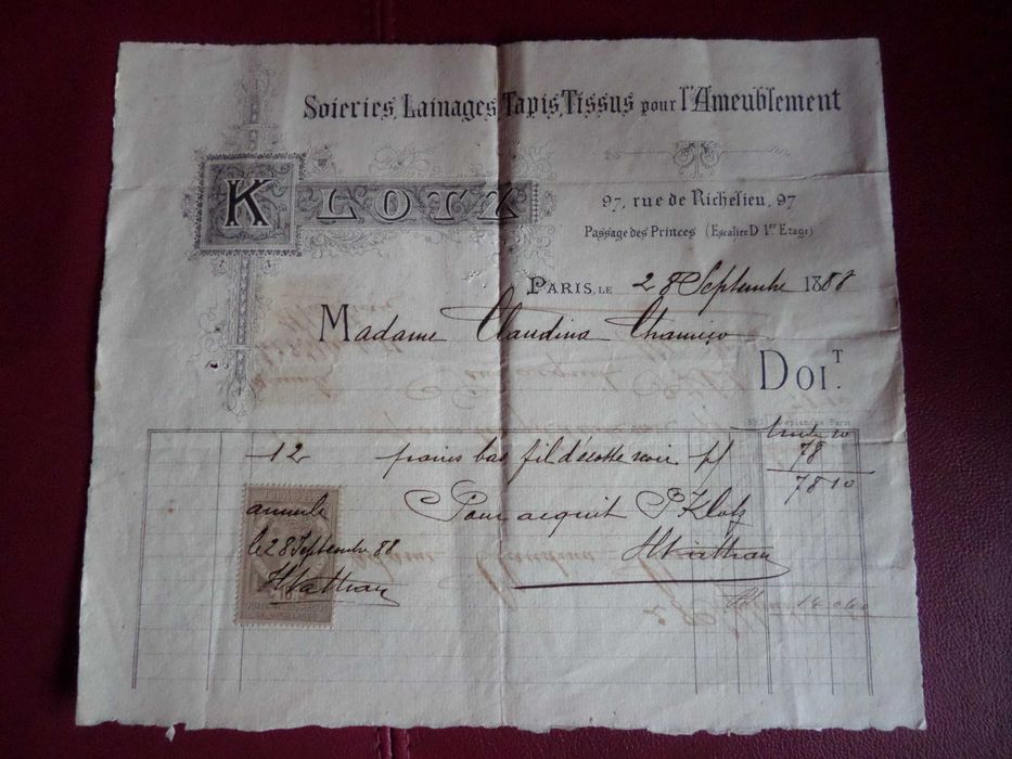 Documento: Recibo selado.  França 1888