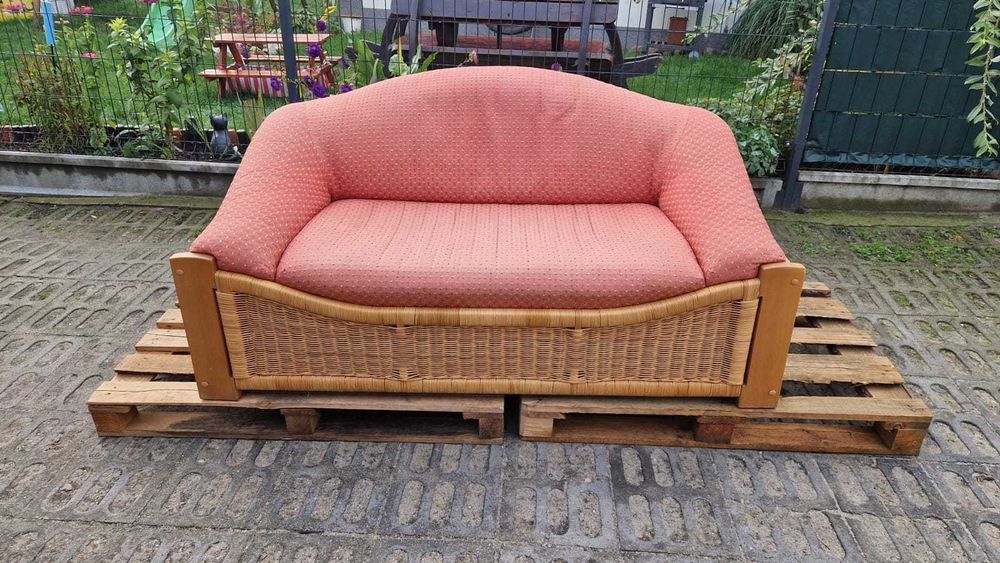 Sofa kanapa rattanowa z ratanu rattan naturalny oplot różowa ogrodowa