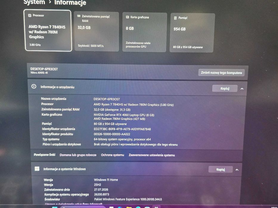 Acer Nitro AN16-41 / R7-7840HS 3.80GHz / 32GB 5600MHz DDR5 / RTX4060 8GB / 1TB M2 / 16' WQXGA TFT 165Hz / Grade A / GWR  12 miesięcy
