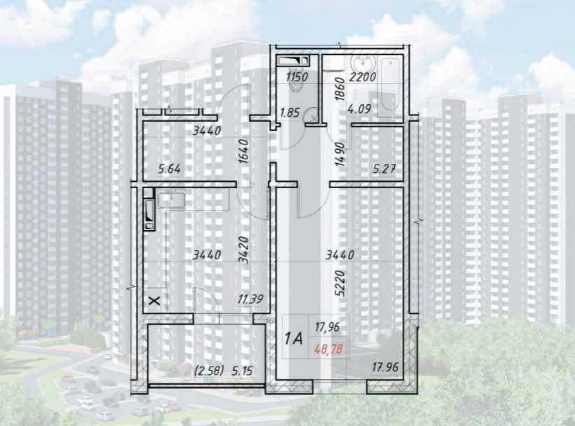 1-комнатная квартира по адресу пер. Энергетиков (площадь 48,8 м²) - Atlanta.ua - фото 2