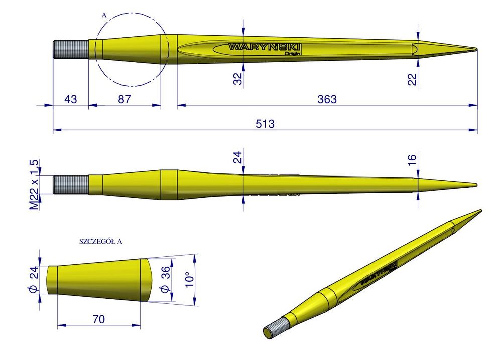 Ząb ładowacza uniwersalny prosty L- 510 mm Tur WARYŃSKI