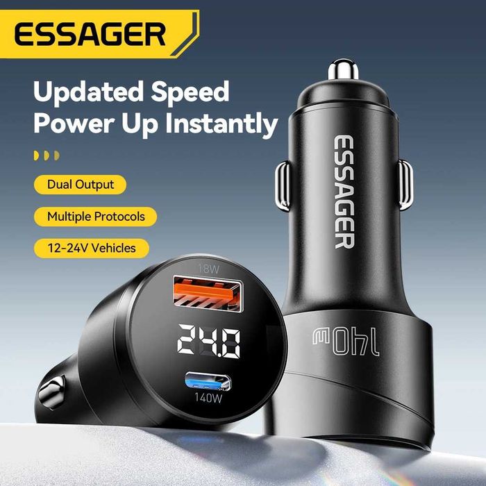 Потужний Автомобільний зарядний пристрій Essager 140W LED (Type-C + USB) Метал, Вольтметр. Автозарядка з Вольтметром. Надійна зарядка